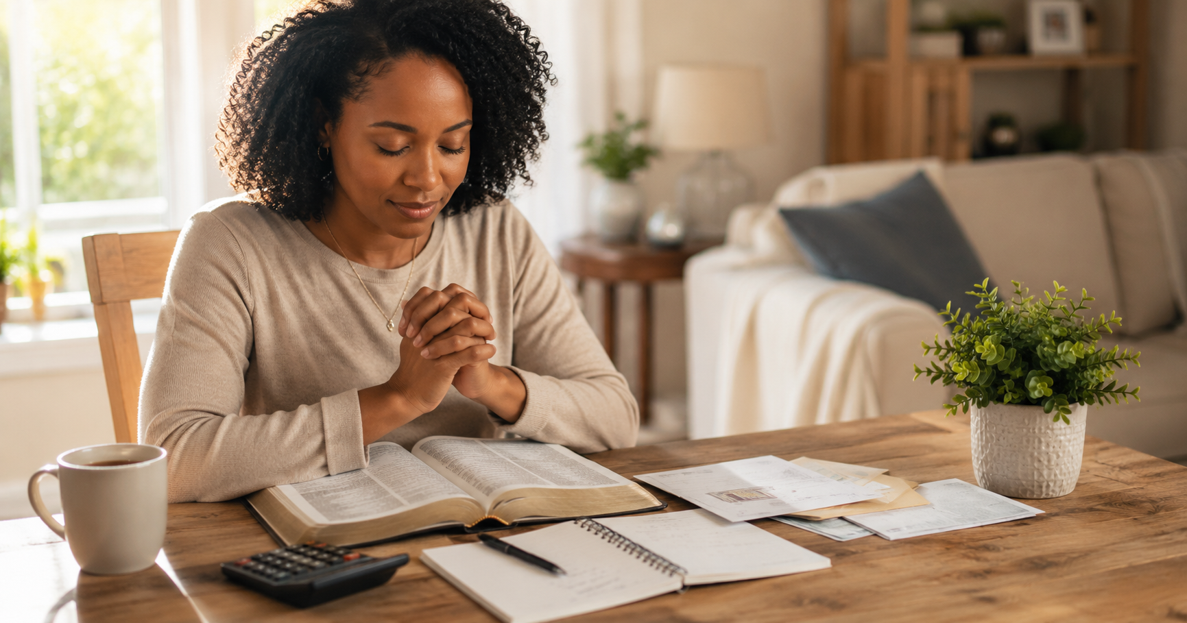 Prayer for financial breakthrough as a woman prays over an open Bible, bills, notebook, and calculator during a stressful money season.
